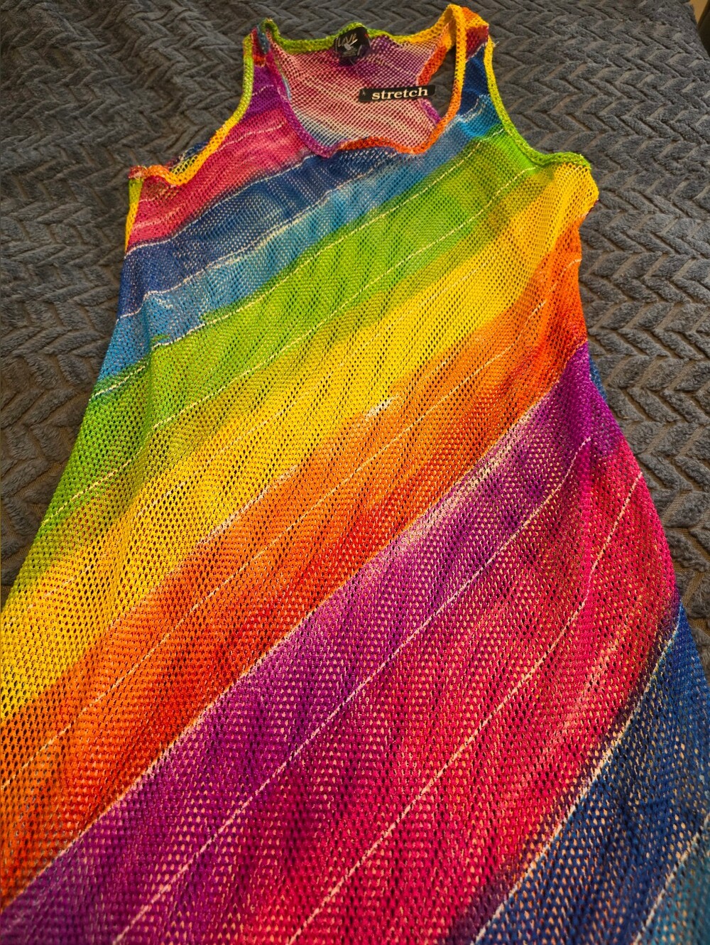 Rainbow Mesh See Thru.Wear As A Dress,With Pants,Over Bathing Suit, By Itself